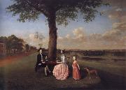 Arthur Devis Henry Fiennes Clinton,9th Earl of Lincoln,with his wife,Catherine and his son,George,on the great terrace at Oatlands Sweden oil painting artist